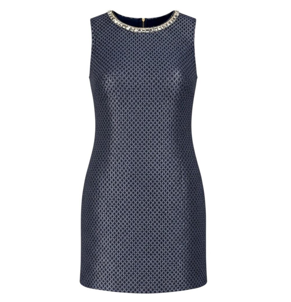 Beulah Women's Size S Textured Navy Gold Metallic Knit Jeweled Neck Shift Dress